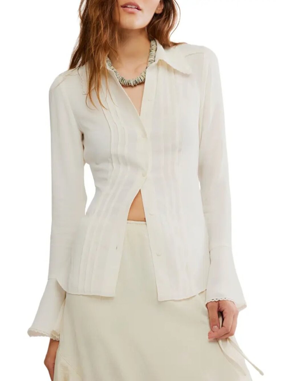 NWT Free People Melrose Whisper White Lace Pintuck Bell Sleeve Blouse Size L